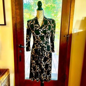 Banana Republic black and gold swirl, faux wrap dress, size Petite Medium